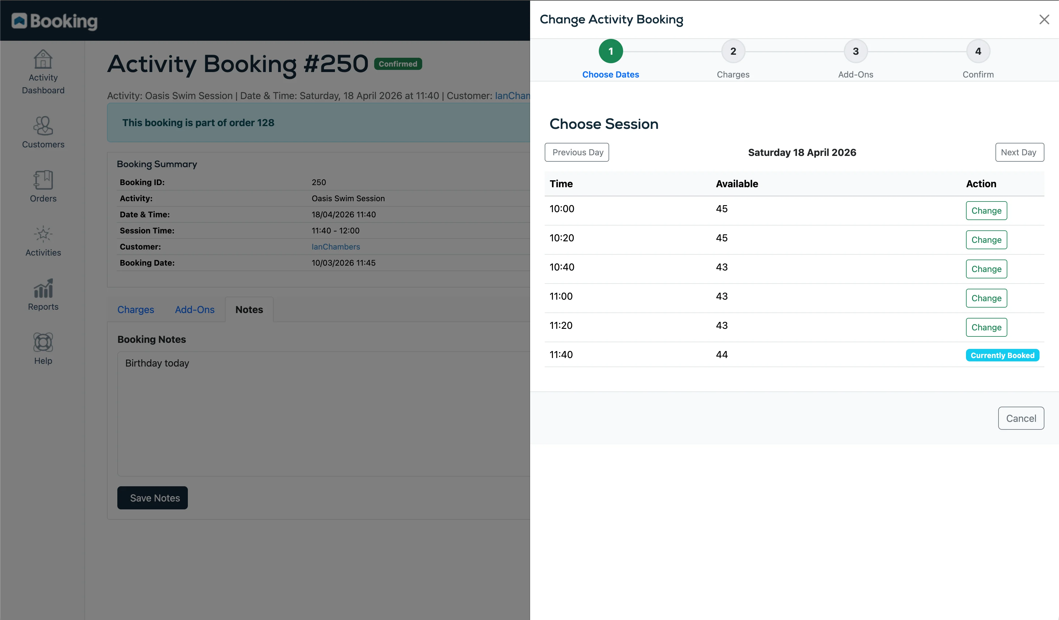 Change activity booking wizard showing available sessions with capacity for transferring to a different time slot