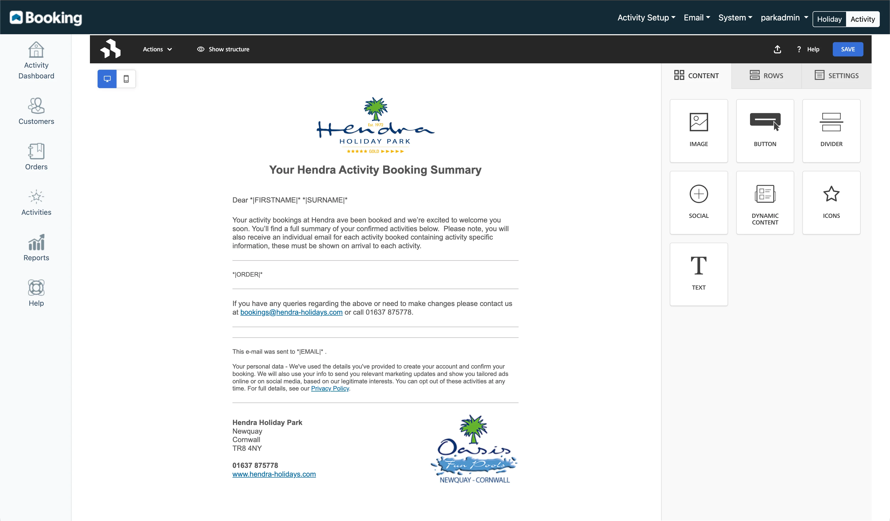 Activity booking confirmation email template editor with drag-and-drop content blocks and branding