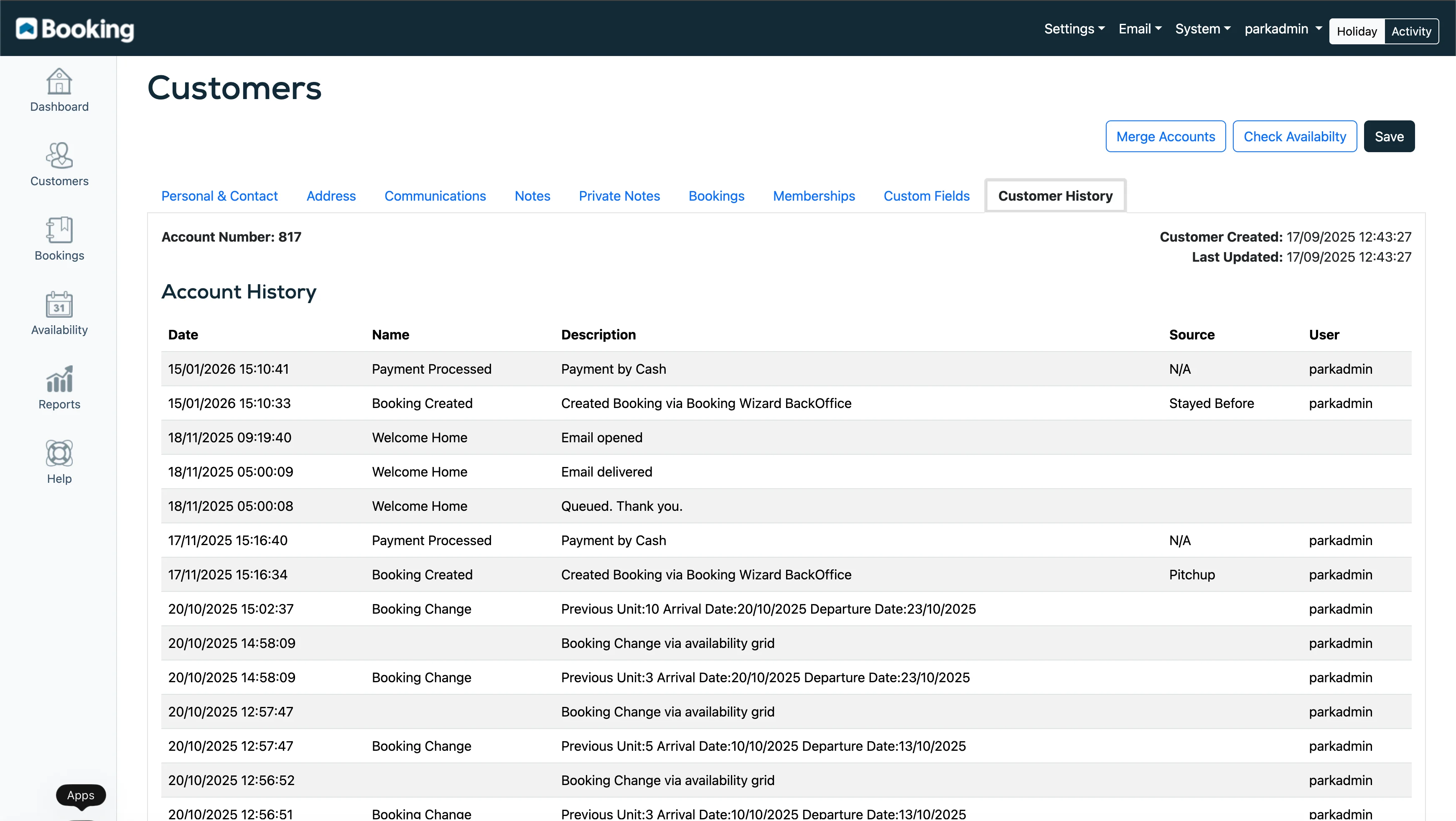 Customer CRM showing guest account history, bookings, and payment records