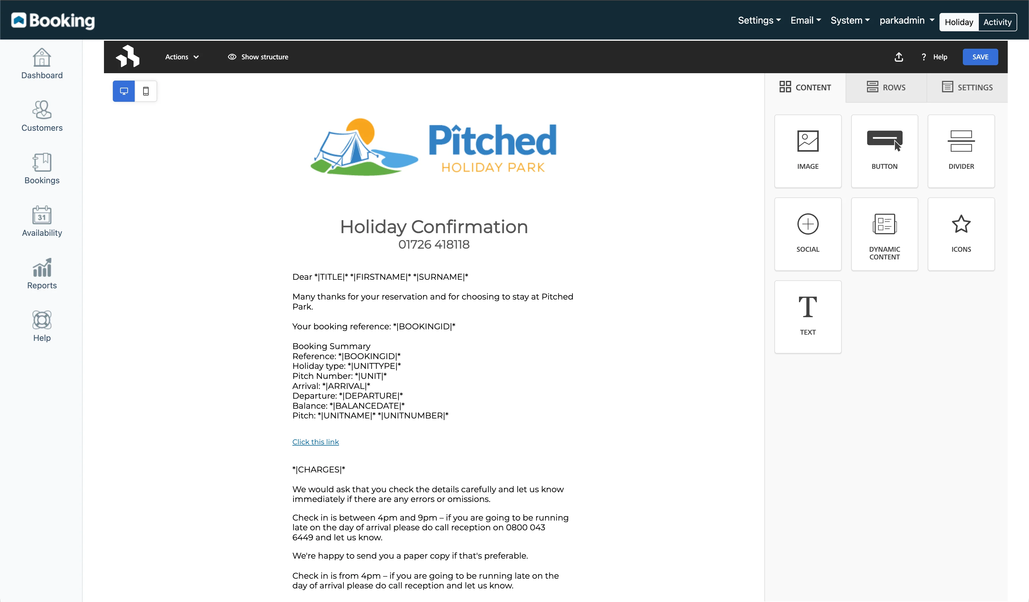 Drag-and-drop email template editor for booking confirmations and guest communications